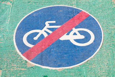 High angle view of no cycling sign on street