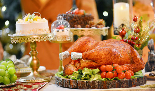 Food arranged on table at christmas party
