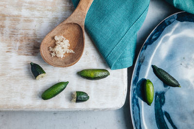 High angle view of fruits on cutting board