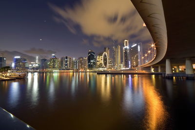 Dubai, uae  dubai skyline from marasi st, dubai business bay, dubai canal, near burj khalifa 