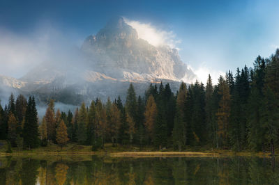 Scenic view of lake by trees against mountain