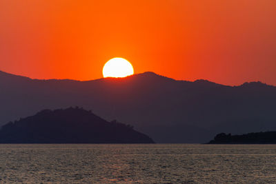 Scenic view of sea against orange sky