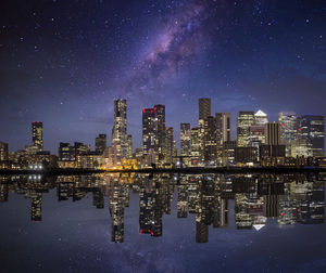 Reflection of illuminated buildings in city at night
