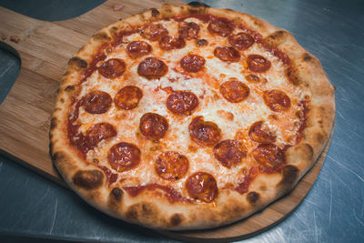 High angle view of pizza on table