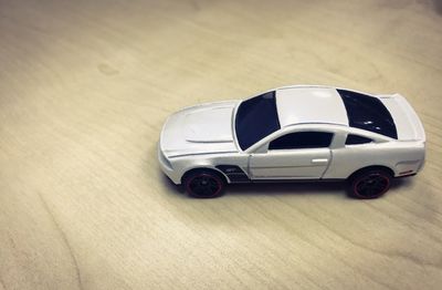 High angle view of toy car on table