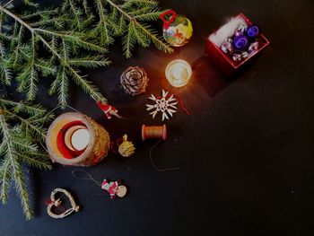 High angle view of christmas decorations on table