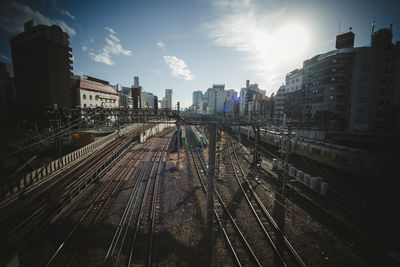 Railroad tracks in city against sky