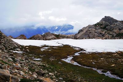 Scenic view of mountains against cloudy sky