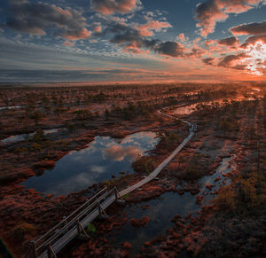 High angle view of landscape against sky during sunset