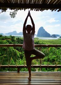 Rear view of man standing on railing against sky