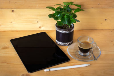 High angle view of coffee on table