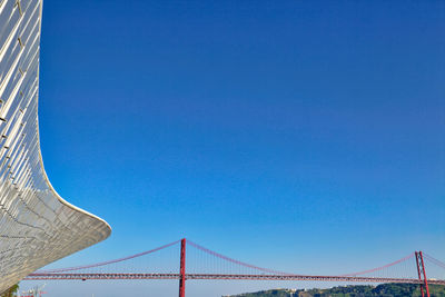 Low angle view of suspension bridge against blue sky