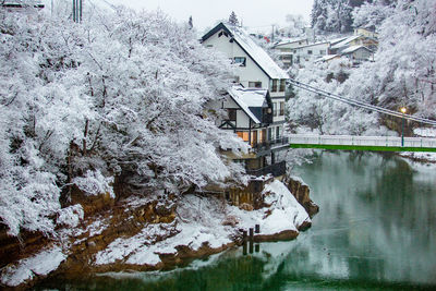 Frozen lake by buildings and trees during winter