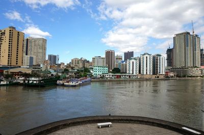 City by river against sky