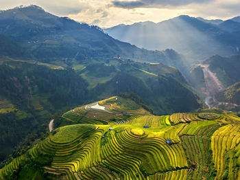 Aerial view of terraced fields and mountains against sky during sunset