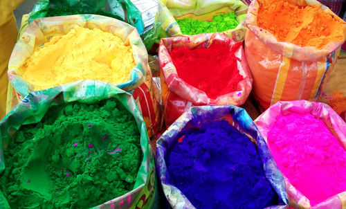 High angle view of multi colored vegetables for sale in market