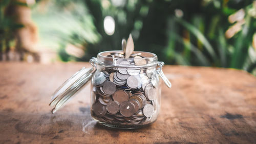 Close-up of drink in jar on table