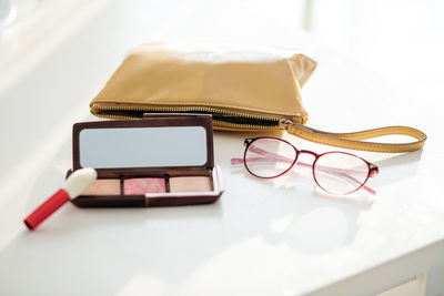 High angle view of beauty products on table