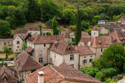 High angle view of buildings in town