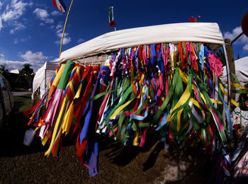 Wind socks blowing in the wind at a booth in a craft show