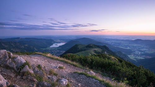 Scenic view of mountains against sky during sunset