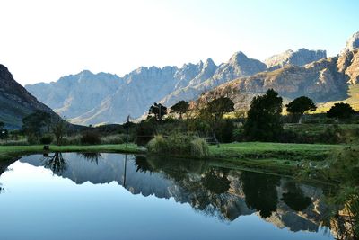 Scenic view of lake and mountains against sky