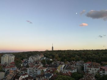 High angle view of townscape against sky at sunset