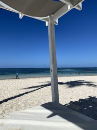 Scenic view of beach against clear blue sky