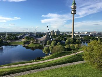 View of city against cloudy sky