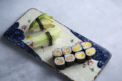 High angle view of sushi in plate on table