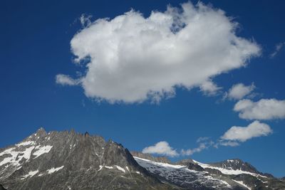 Low angle view of snowcapped mountains against sky