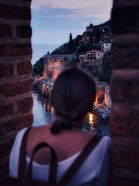 Rear view of woman looking at buildings during sunset