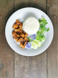 High angle view of food served on table