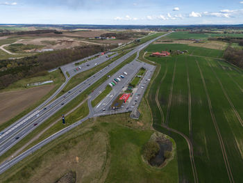 Aerial photo of kalbygård skov rest area on silkeborg freeway 15, denmark