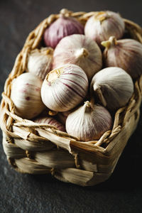 High angle view of eggs in basket