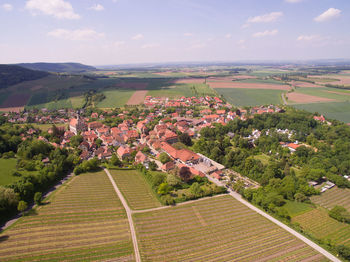 High angle view of agricultural field against sky