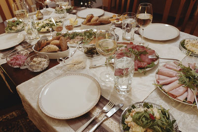 High angle view of food served on table