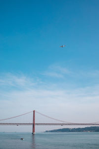 Low angle view of airplane flying over bridge against sky