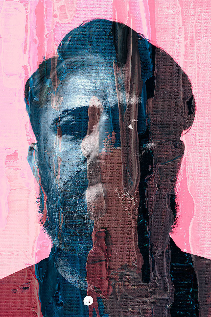 MULTIPLE EXPOSURE IMAGE OF MAN AND WOMAN WITH PINK FACE