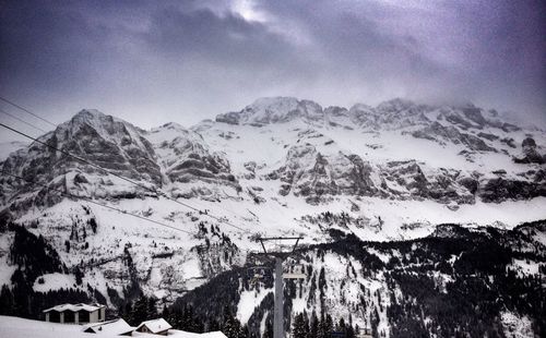 Scenic view of snow covered mountains against sky