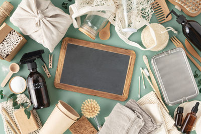 High angle view of objects on table