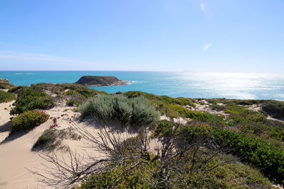 Scenic view of sea against clear blue sky