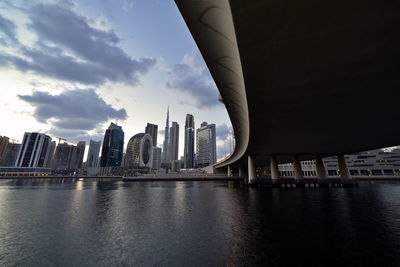 Bridge over river by city buildings against sky