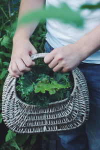 Low section of man holding basket