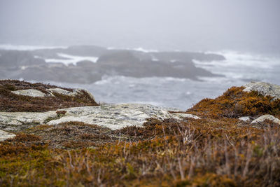 Scenic view of rocks on land against sky