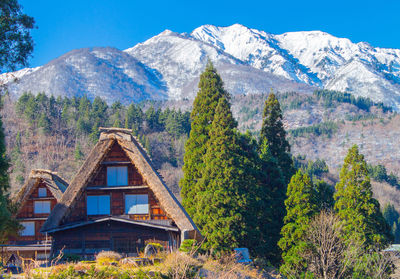 House and trees on mountain against sky