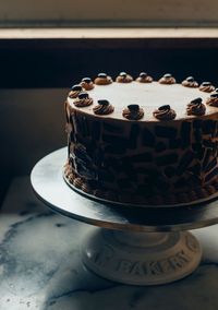 Close-up of chocolate cake on table