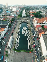 High angle view of city buildings