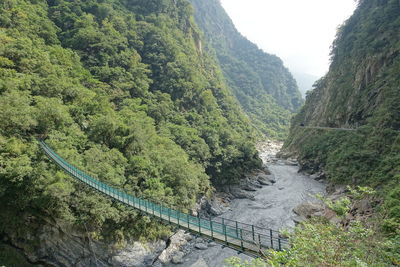 High angle view of waterfall amidst trees in forest