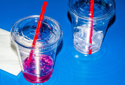 Close-up of glass against blue background